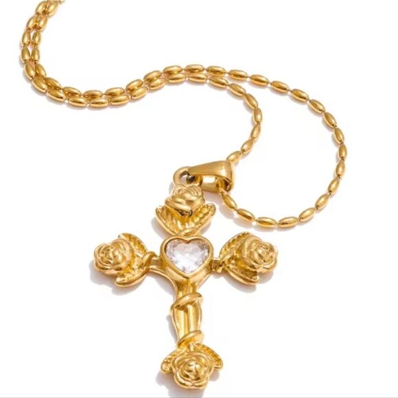 New Free People Gold Roses Cross Necklace with Heart Accent - Picture 1 of 11